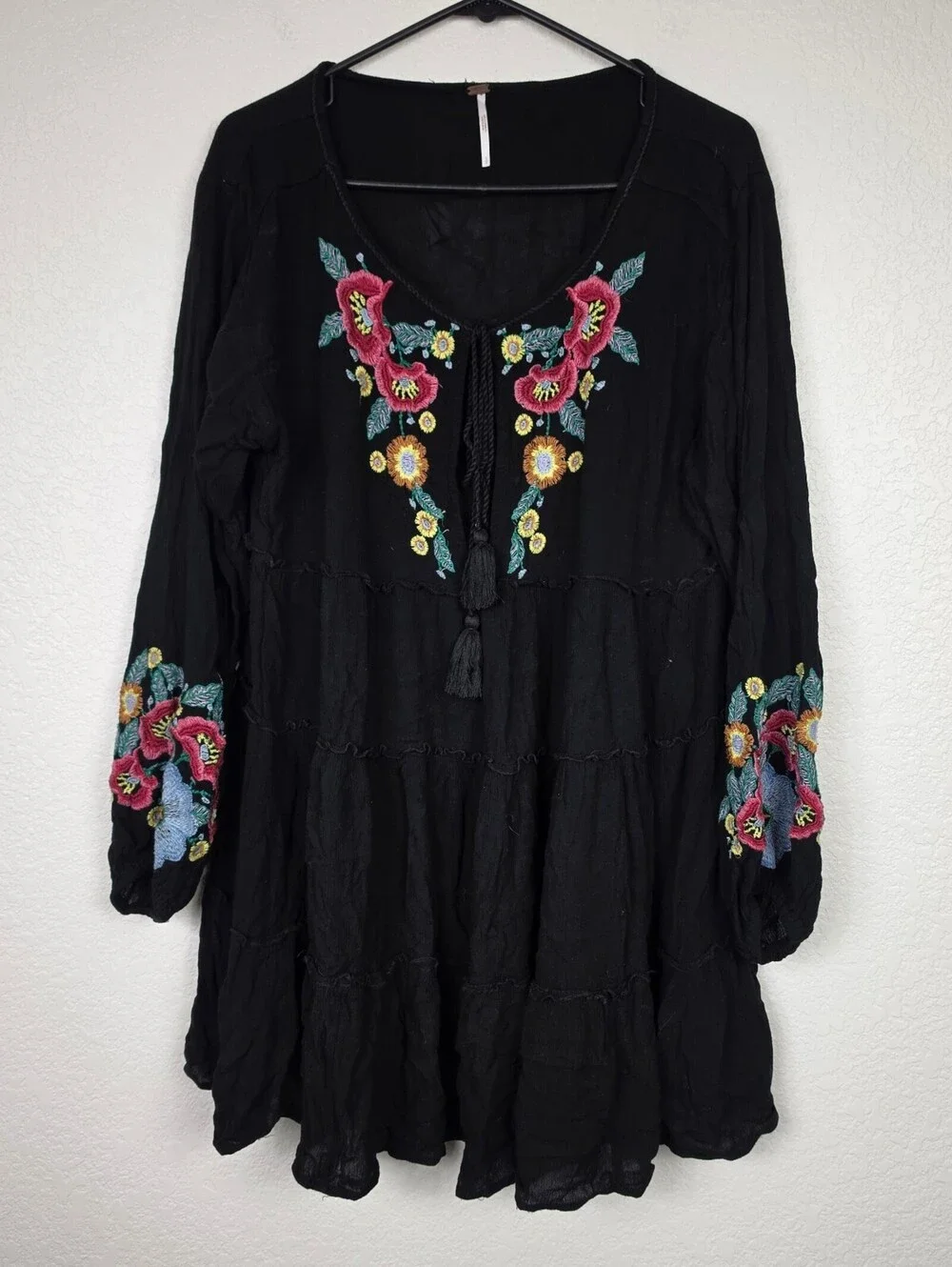 Free People Black Embroidered Floral Long Sleeve Mini Dress